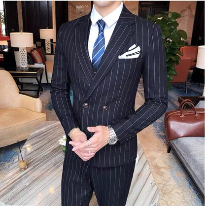 Blue Men Classic Striped/Checked Suits, Asian Size Slim Fit Business Office 3-Piece Sets, Black/Gray and Red Available.