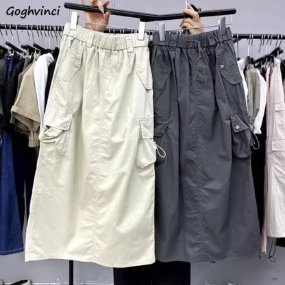 Vintage Skirts for Women American Fashion High Waist Back Slit Cargo Skirt Streetwear All-match Pockets Trendy Harajuku Chic New