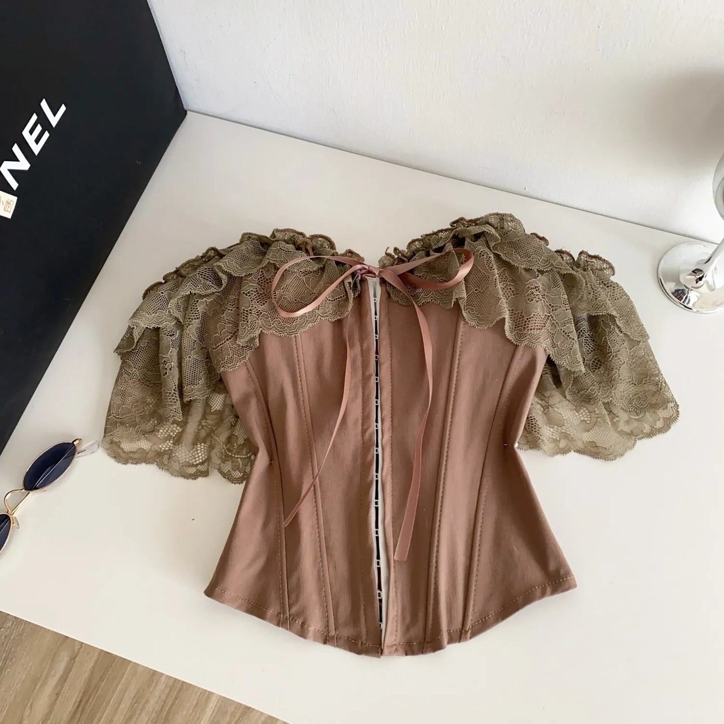 Feminine Lace Corset Tops Off Shoulder Lace Up Splice Summer 2026 Tank Top French Style Court Versatile Sensual Camis