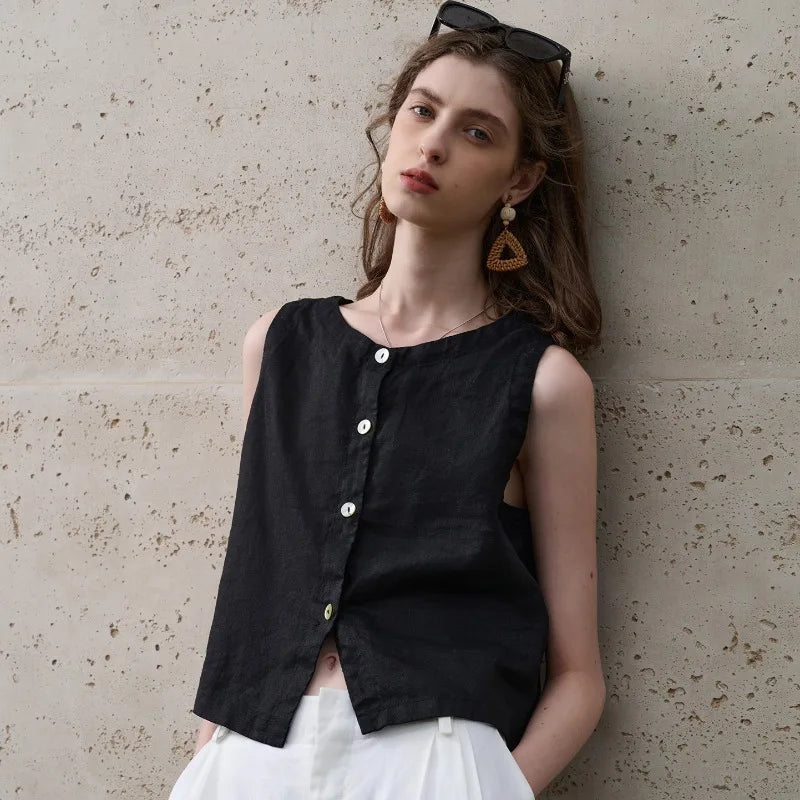 100% Linen Reversible Wear Crop Tops Women Solid Color Summer New Office Ladies Vest Casual Simple Sleeveless Tank Top