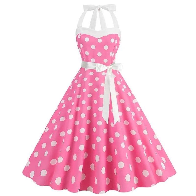 Women Summer Party Dress With Belt Polka Dot Print Halter Hepburn Robe 50s 60s Vintage Dresses