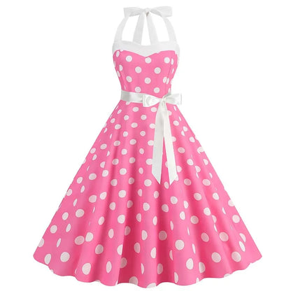 Women Summer Party Dress With Belt Polka Dot Print Halter Hepburn Robe 50s 60s Vintage Dresses