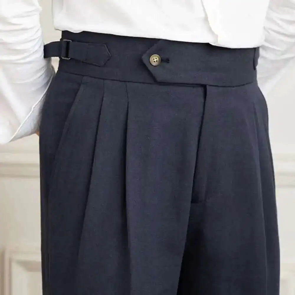 Linen Cotton High Waist Straight Casual Pants Men Versatile Naples Gentleman Pleated Pants High Quality Italian Dress Trousers