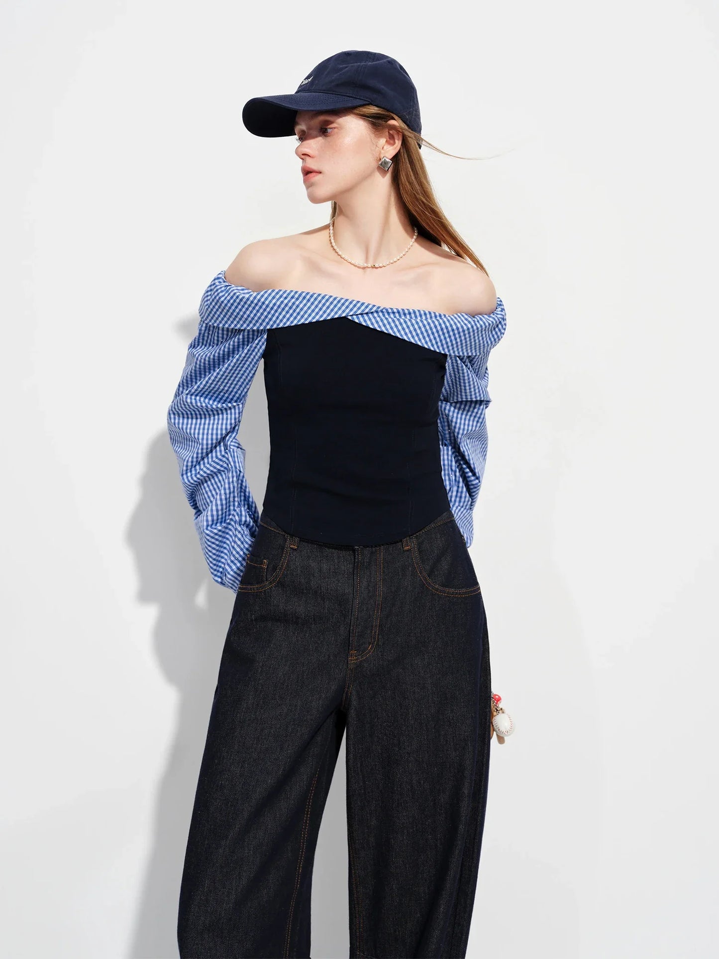 2026 Spring Women's Off-Shoulder Blue Gingham Blouse - Elegant Ruffled Lapel Long Sleeve Top for Office Commute