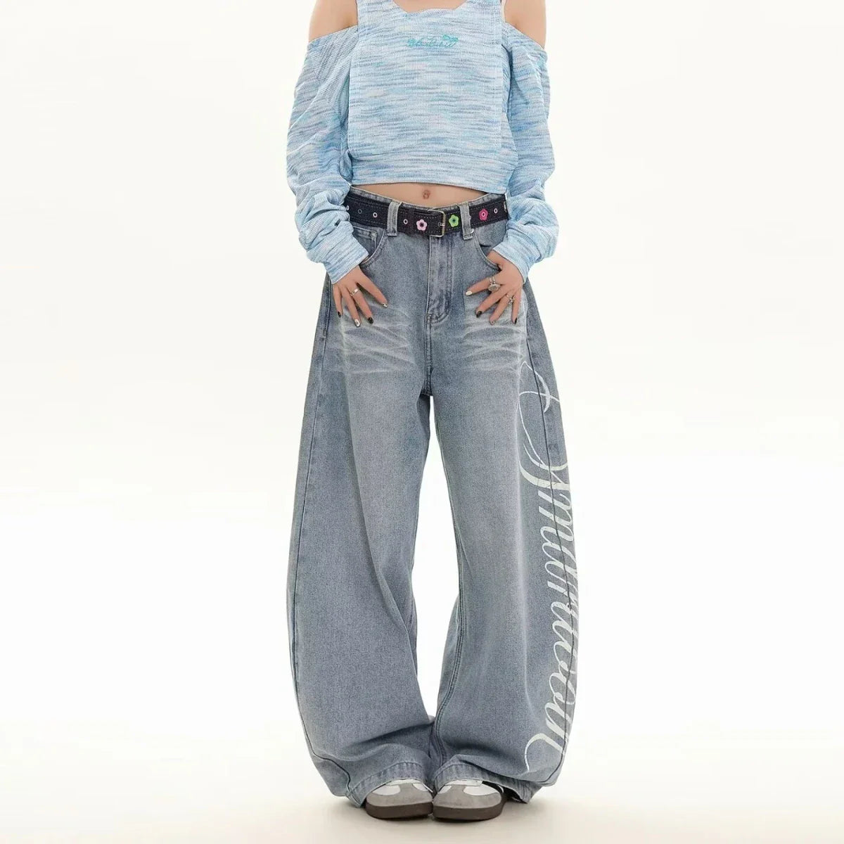 Blue Loose Wide Leg Jeans Women's Fashion High Waist Straight Cut Casual Trousers Autumn New Style Slimming Effect Cotton Pol...