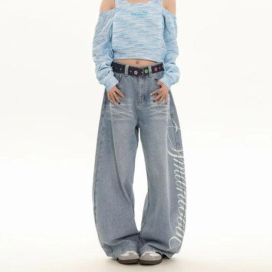Blue Loose Wide Leg Jeans Women's Fashion High Waist Straight Cut Casual Trousers Autumn New Style Slimming Effect Cotton Pol...