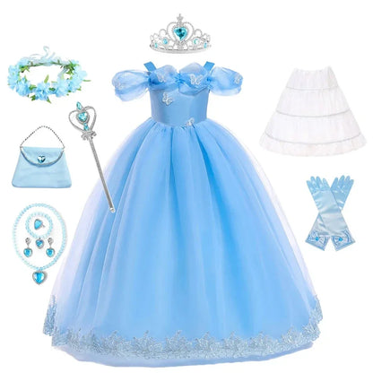 Girls New Year Blue Long Dress for Kids Christmas Birthday Party Dresses Butterfly Cinderella Cosplay Costumes Chidren Outfits