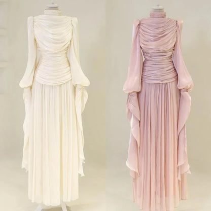 Customized Modern Style Intricate Pleat Ruched Draped A-line High Collar Long Dresses Bespoke Occasion Dresses Sizes Available