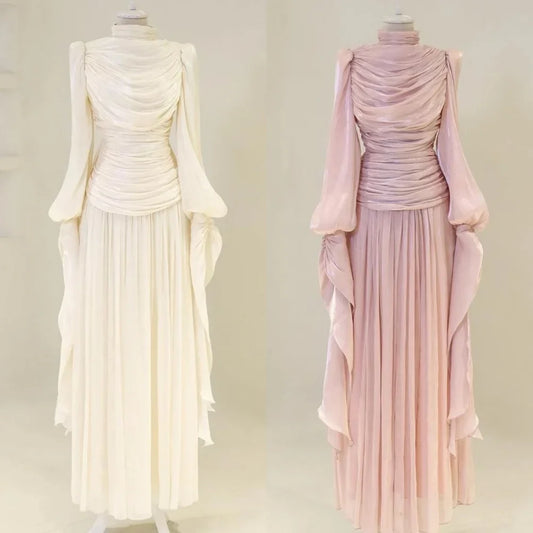 Customized Modern Style Intricate Pleat Ruched Draped A-line High Collar Long Dresses Bespoke Occasion Dresses Sizes Available