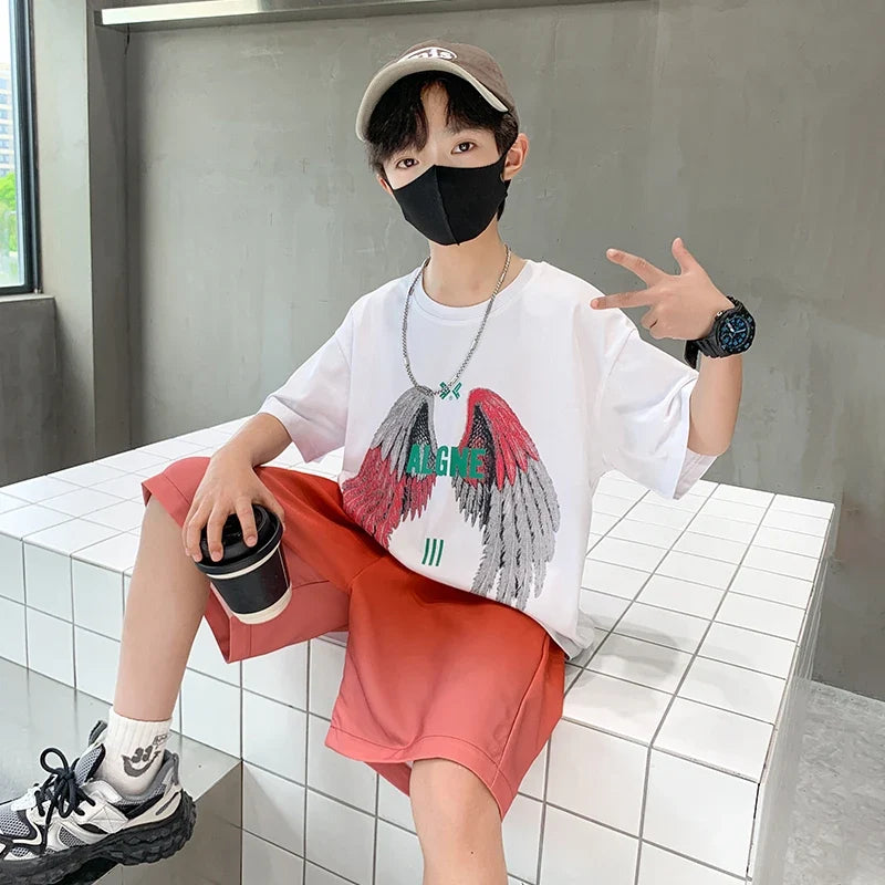 New Kids Boy Summer Clothing Set Cotton T-shirt With Wings Print + Shorts 2 Pieces Tracksuit Outfit for Child Suit Wear 5-14 T