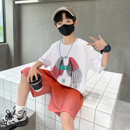 New Kids Boy Summer Clothing Set Cotton T-shirt With Wings Print + Shorts 2 Pieces Tracksuit Outfit for Child Suit Wear 5-14 T