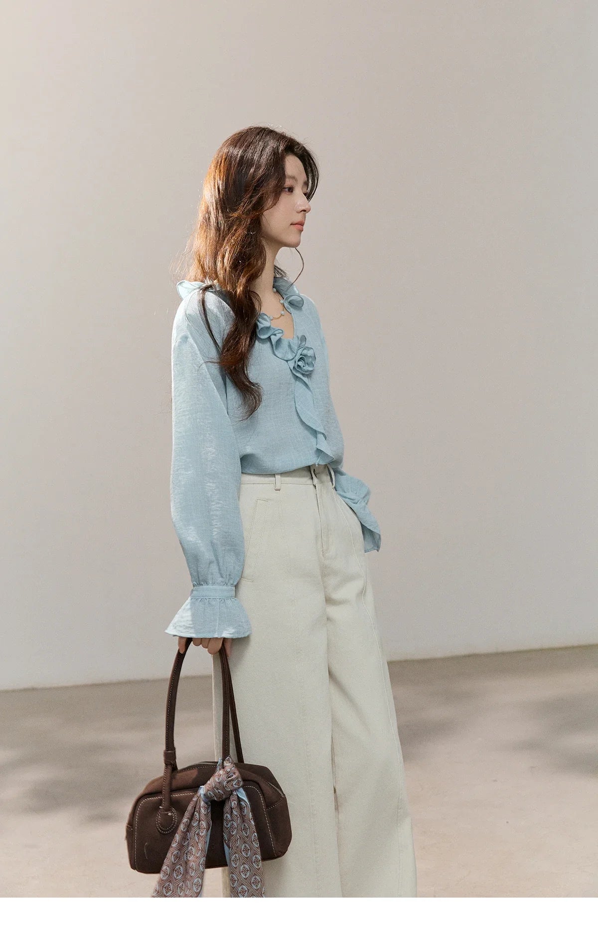 Women's Asymmetric Ruffled V-neck Shirt Spring Light Blue Floral Applique Ruffle Cuffs Top Elegant Loose Shirt MXF14C2448