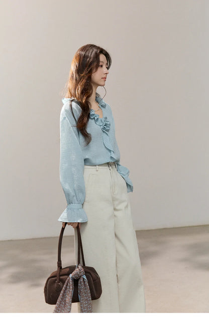 Women's Asymmetric Ruffled V-neck Shirt Spring Light Blue Floral Applique Ruffle Cuffs Top Elegant Loose Shirt MXF14C2448