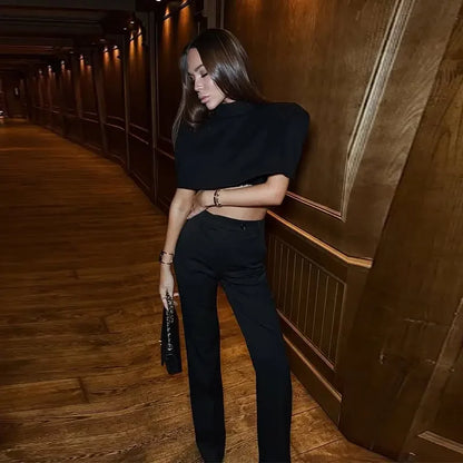Elegant Women Shawl Cropped Top Shoulder Pads Stand Collar Short Sleeve Black Female T-shirt 2026 Spring Summer Lady Partywear