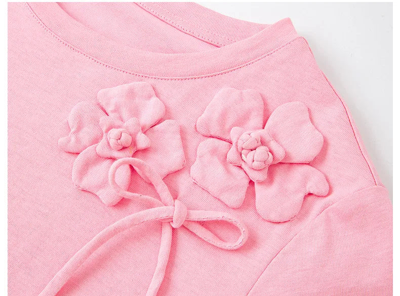 100% Cotton Summer T-Shirt Women 2026 Pink Tees Fashion Heavy 3D Floral Casual Crew Neck Short Sleeve Top A6182