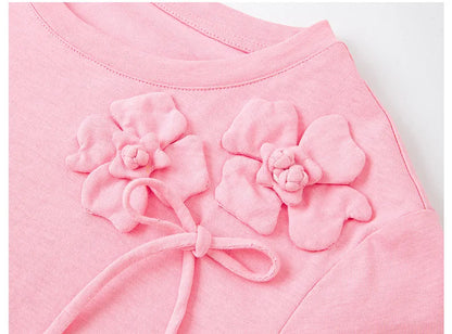 100% Cotton Summer T-Shirt Women 2026 Pink Tees Fashion Heavy 3D Floral Casual Crew Neck Short Sleeve Top A6182