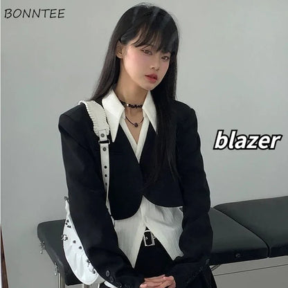 Blazers Women Black Vintage Fashion Hot Sale Spring Office-look Simple Crops Design Cozy All-match Korean Style Tender Outwear