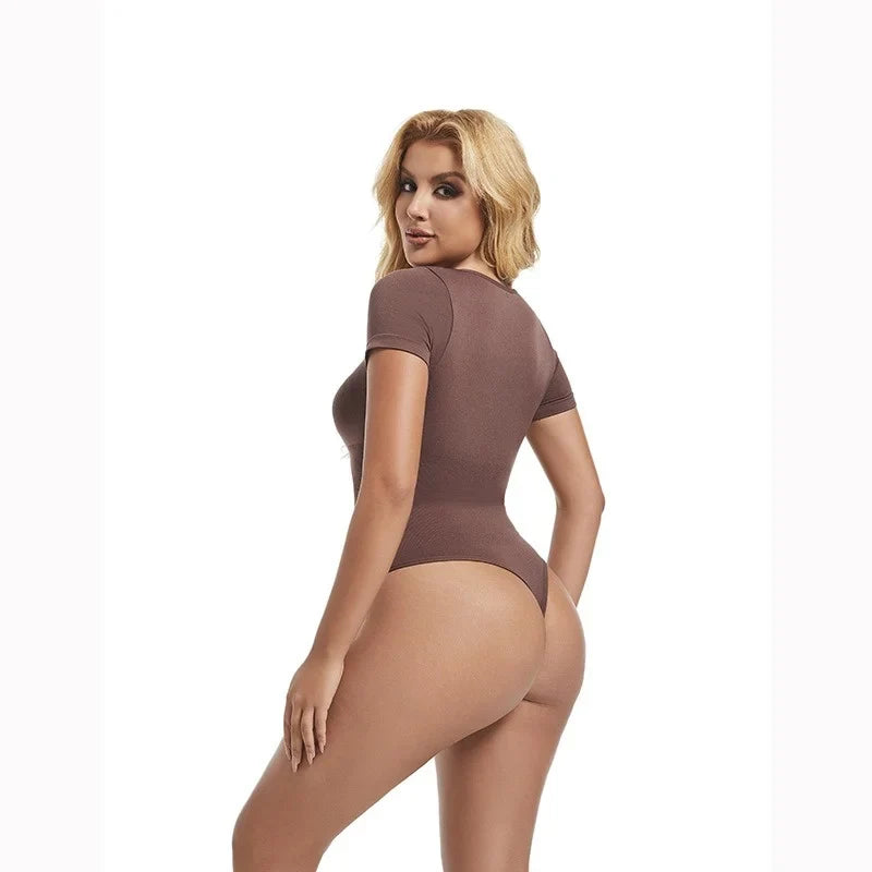 Short Sleeve Open Crotch Big U Neck Seamless Shapers Spandex Elastic Body Suit Shapewear Women Body Shaper Tummy Control
