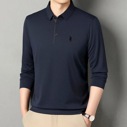 2025 Latest Autumn New Men's Long Sleeve Polo Shirt Middle Aged Business Comfortable Solid Color Men's Collar T-shirt