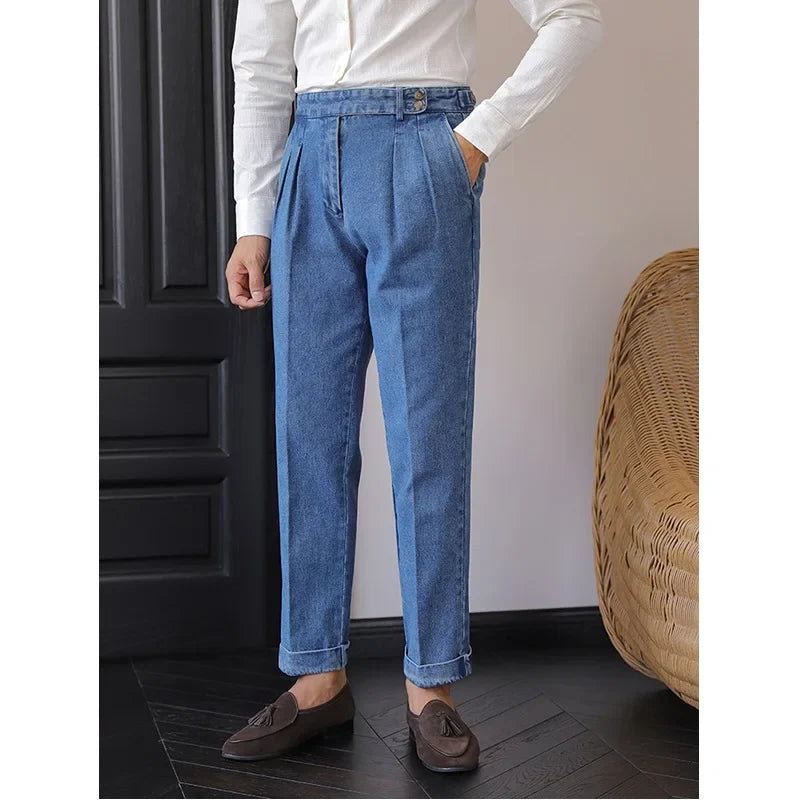 Italian Style Men's High Waist Business Neapolitan Jeans Draped Cuffed Straight Leg Western Pants Youth Trendy Wear Resistant