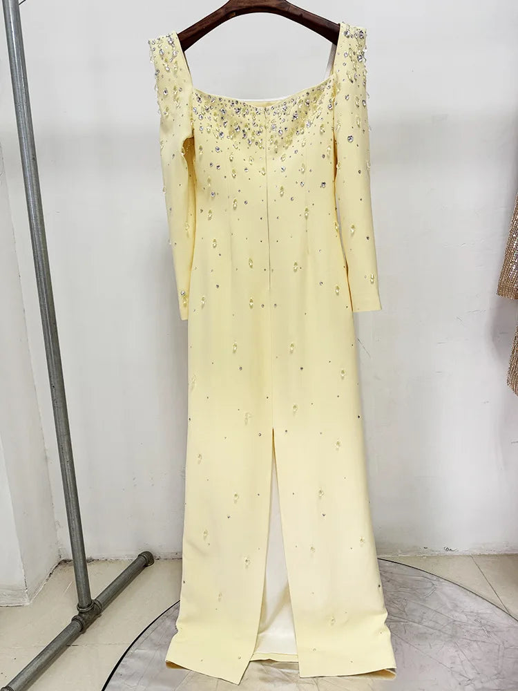 HIGH QUALITY Newest Fashion 2026 Designer Vestido Women's Square Collar Beading Diamonds Long Sleeve Maxi Dress