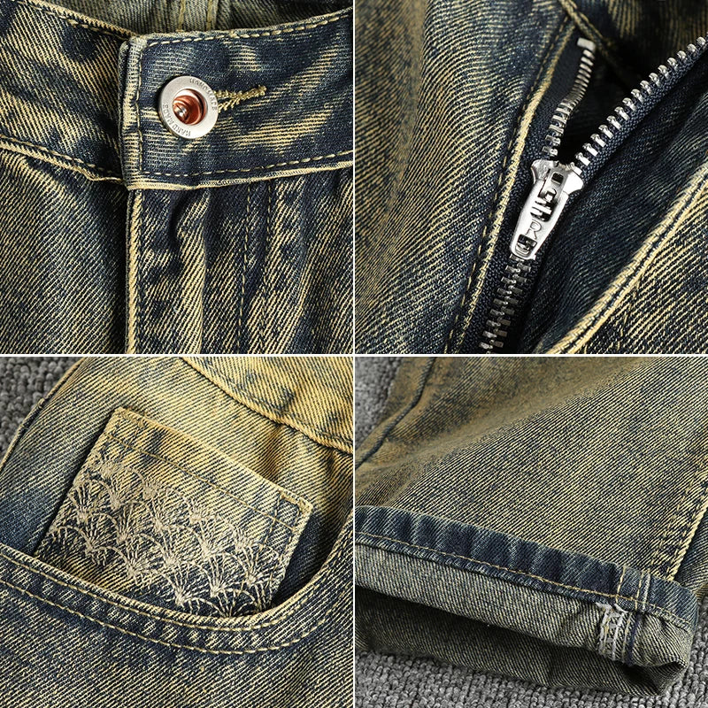 Do old wash retro American trend jeans men's catwhiskers embroidery craft comfortable straight leg casual pants
