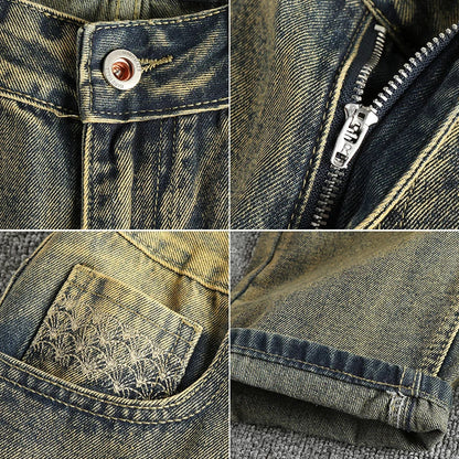 Do old wash retro American trend jeans men's catwhiskers embroidery craft comfortable straight leg casual pants