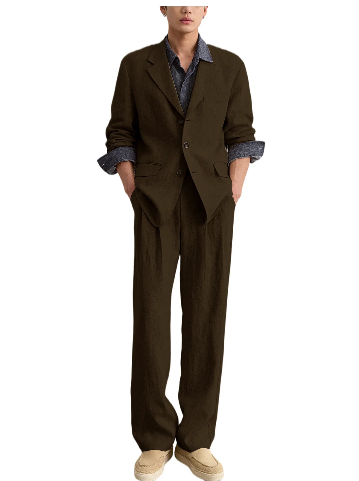 Men's Linen 2 Piece Set Notched Lapel Loose Fit Blazer Wide Leg Trousers Lightweight Breathable Spring Business Casual DailyWear