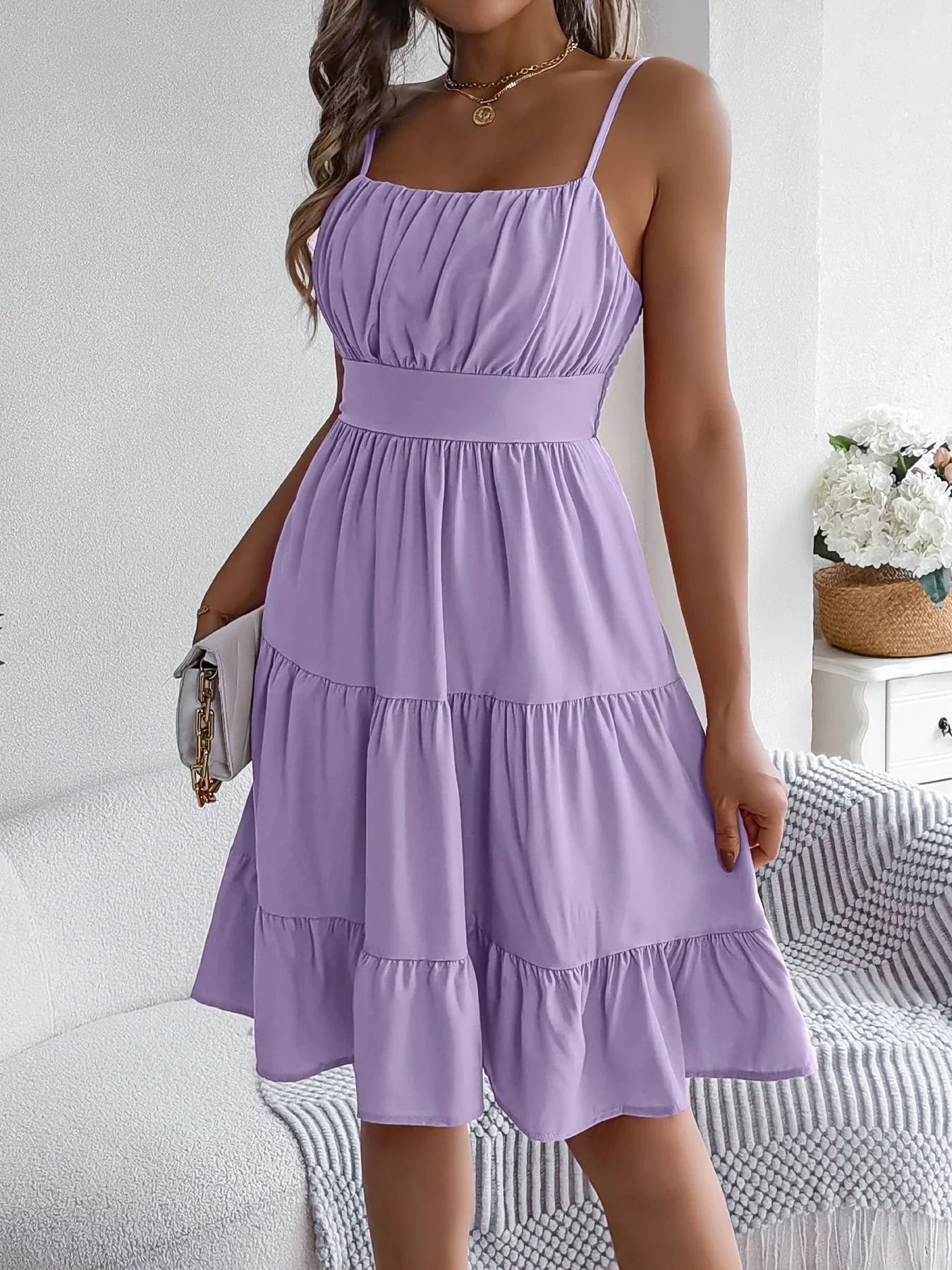 Casual Vacation Ruffled Camisole Dress Spring Summer Women's Solid Dresses for 2026 Valentine's Day Woman Clothing Pink Blue