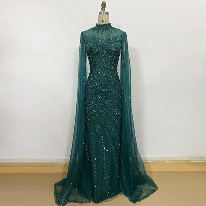 Luxury Beaded Evening Dress Cape Sleeve Dubai Sheer Neck Mermaid Formal Prom Wedding Party Gown Customized 2026