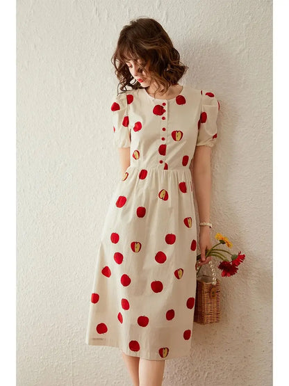Women Dress 2024 Summer New Elegant Print Apple Round Neck Short Sleeve High Waist Puff Sleeve A-line Long Dress
