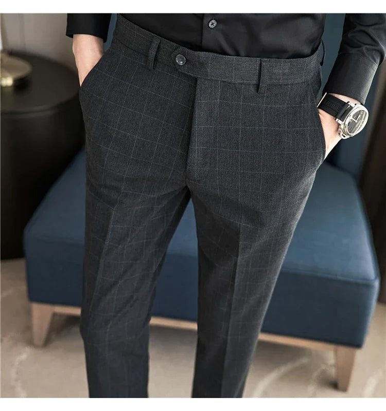 2026 High Quality Men's Plaid Striped Suit Pants Fashion Business Slim Fit Casual Straight Pants Formal Wedding Party Trousers