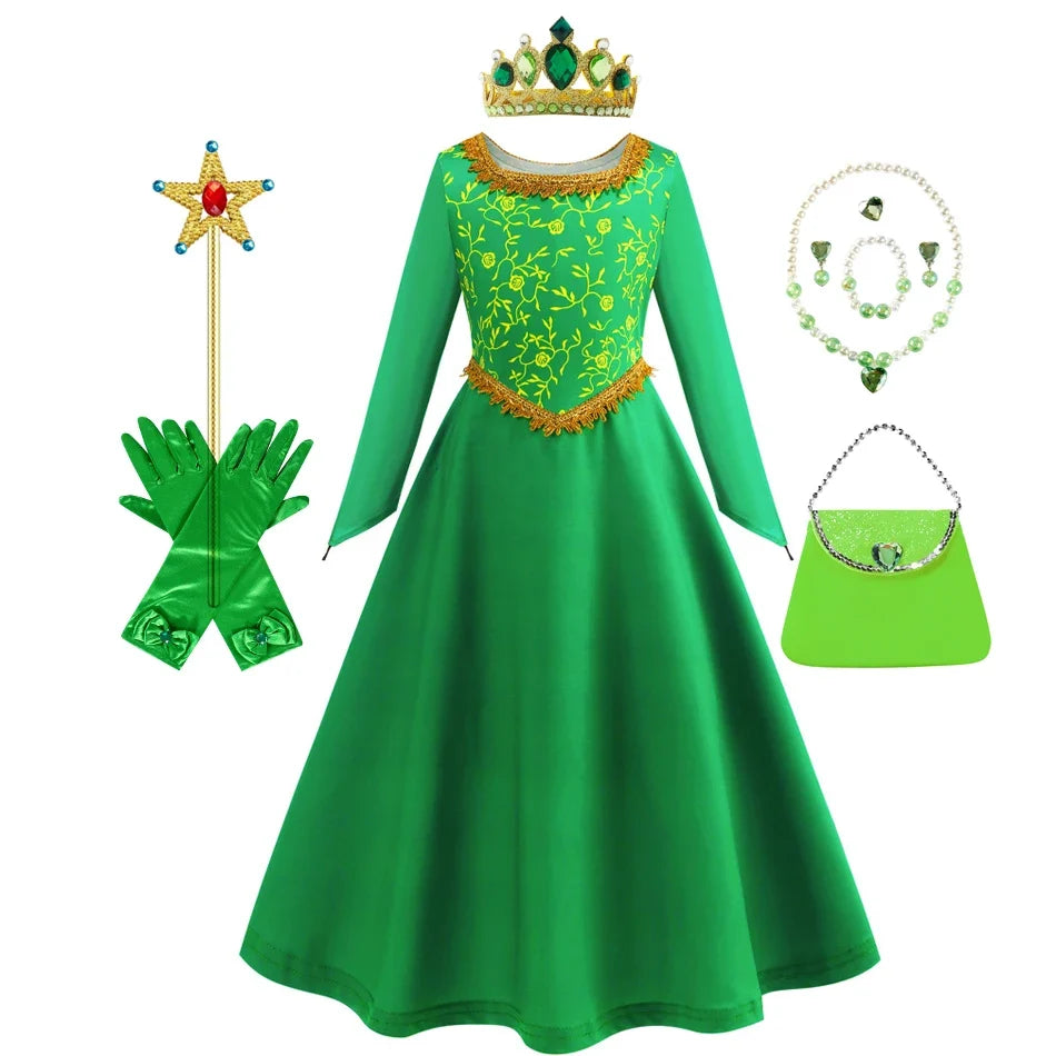 Fiona Dress Halloween Shrek Cosplay Fantasy Dress Up Green Princess Costume Children Elegant Gown Kids Long Sleeve Print Frocks