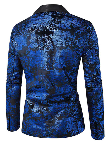 Men's Long-sleeved Suit Jacket, Purple Printed Black Collar Single-button Coat, Wedding/Party/Stage Performance Blazers