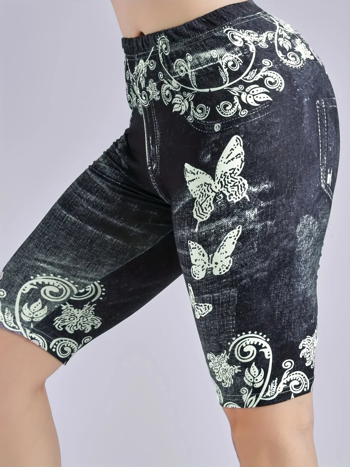 Lmitation Denim Leggings For Women Butterfly Waist Fruit Flower Elastic Shorts High Waist Casual