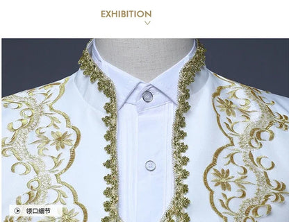 European Gold-encrusted Vintage Court Tuxedo Men's Stand-up Collar Embroidered Suit Three-piece Set  Opera House, Stage Costumes