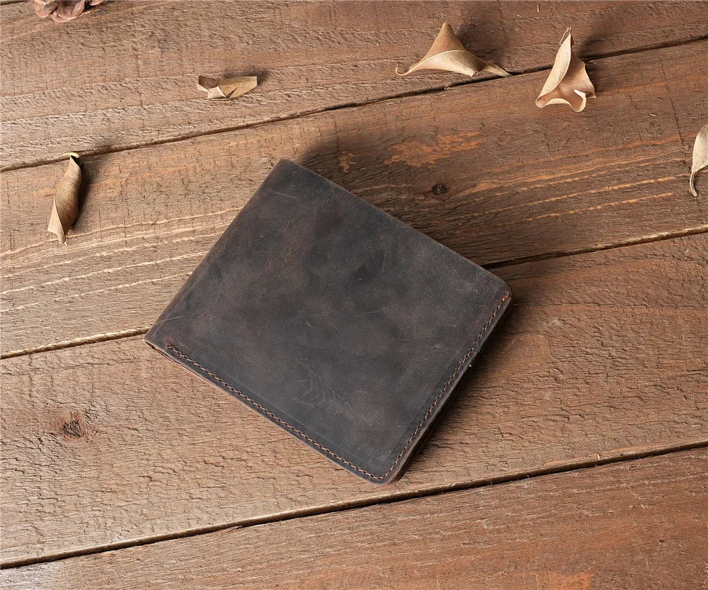 Men Handmade Crazy Horse Leather Wallet Men's Casual Simple Horizontal First Layer Cowhide Short Genuine Leather Clutch