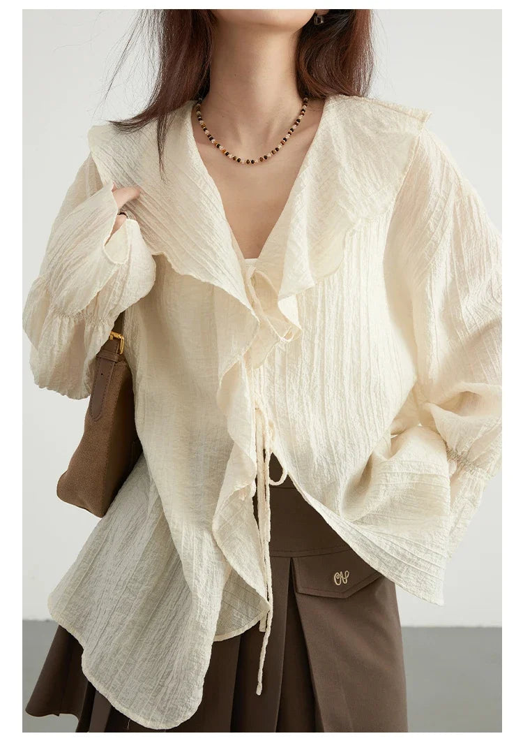 Women Shirt Loose Casual Ruffled Edges Female Blouses Solid V Neck Lace Up Mid Length Ladies Shirts Spring Summer 2026