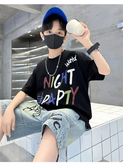 Luxurious Boys Set Summer Outfit Suit Age 5 6 7 8 9 10 11 12 13 14 Years Child Clothing Set Kids Letter T-shirt and Denim Shorts