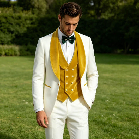 Men White Tuxedo Suit 3 Piece Shawl Lapel Slim Fit 1 Button Velvet Collar Patched Blazer Vest Pants Set for Wedding Party Groom