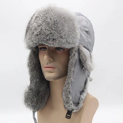Sports Winter Fashion Trapper Hats Men Thick real Rex Rabbit Fur Bomber Cap with Warm Snow Ear Flap Hiking Hats for Outdoor