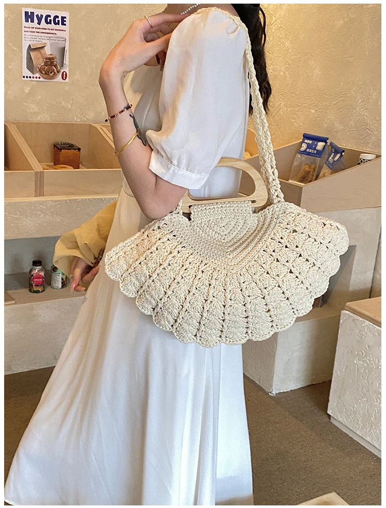 2026 New Retro Fan-shaped Crochet Woven Underarm Bag for Women Ins Style Seaside Vacation Versatile Wooden Handle Shoulder Bag