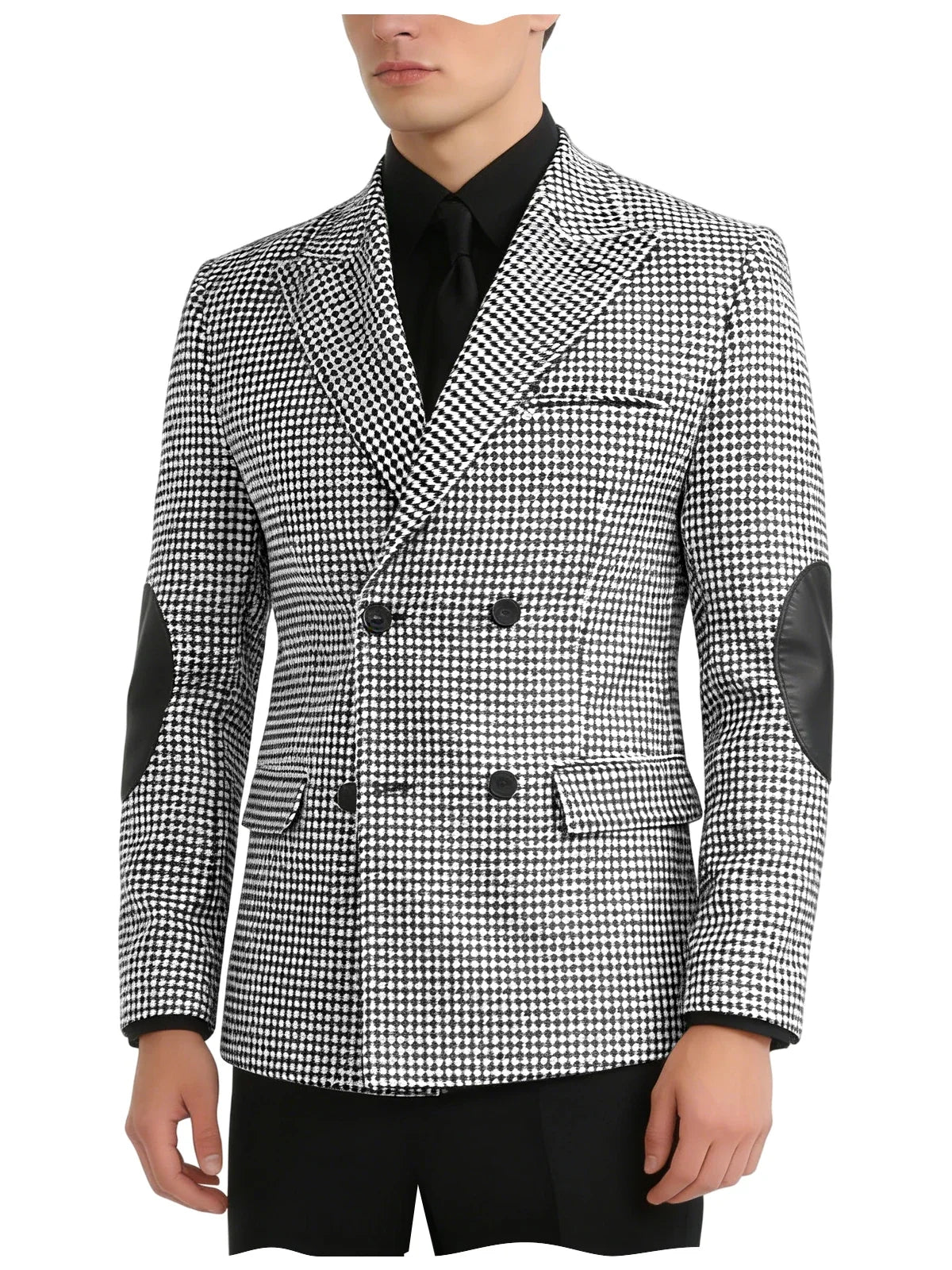 Men's Vintage Houndstooth Blazer Notch Lapel Leather Elbow Patches Slim Fit Jacket Business Casual Sport Coat For Spring Autumn