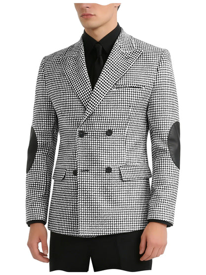 Men's Vintage Houndstooth Blazer Notch Lapel Leather Elbow Patches Slim Fit Jacket Business Casual Sport Coat For Spring Autumn
