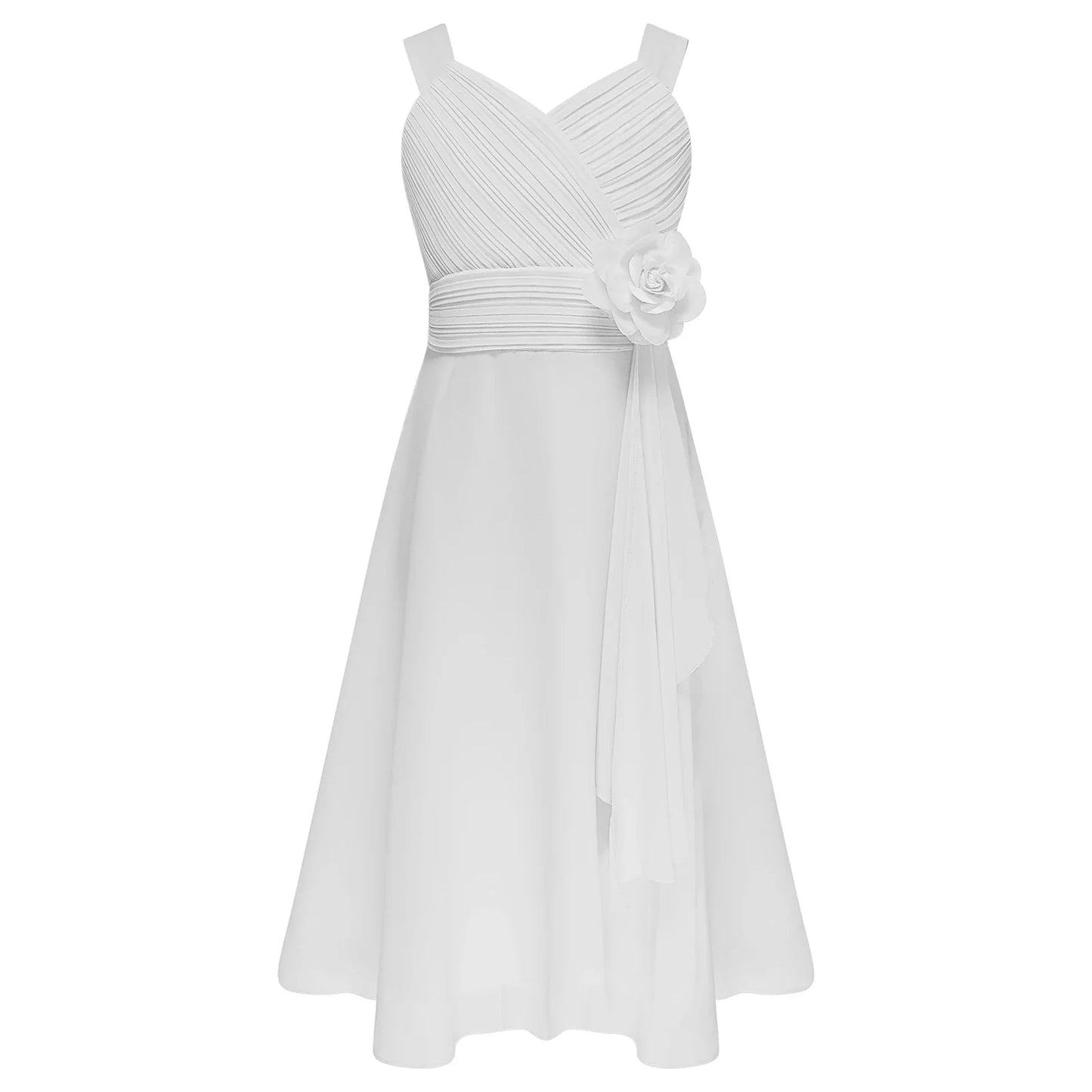 Summer Fashion Flower Girls Dress Wedding Birthday Party Kids Chiffon Dress Sleeveless Ruched Bodice Elegant Princess Dress
