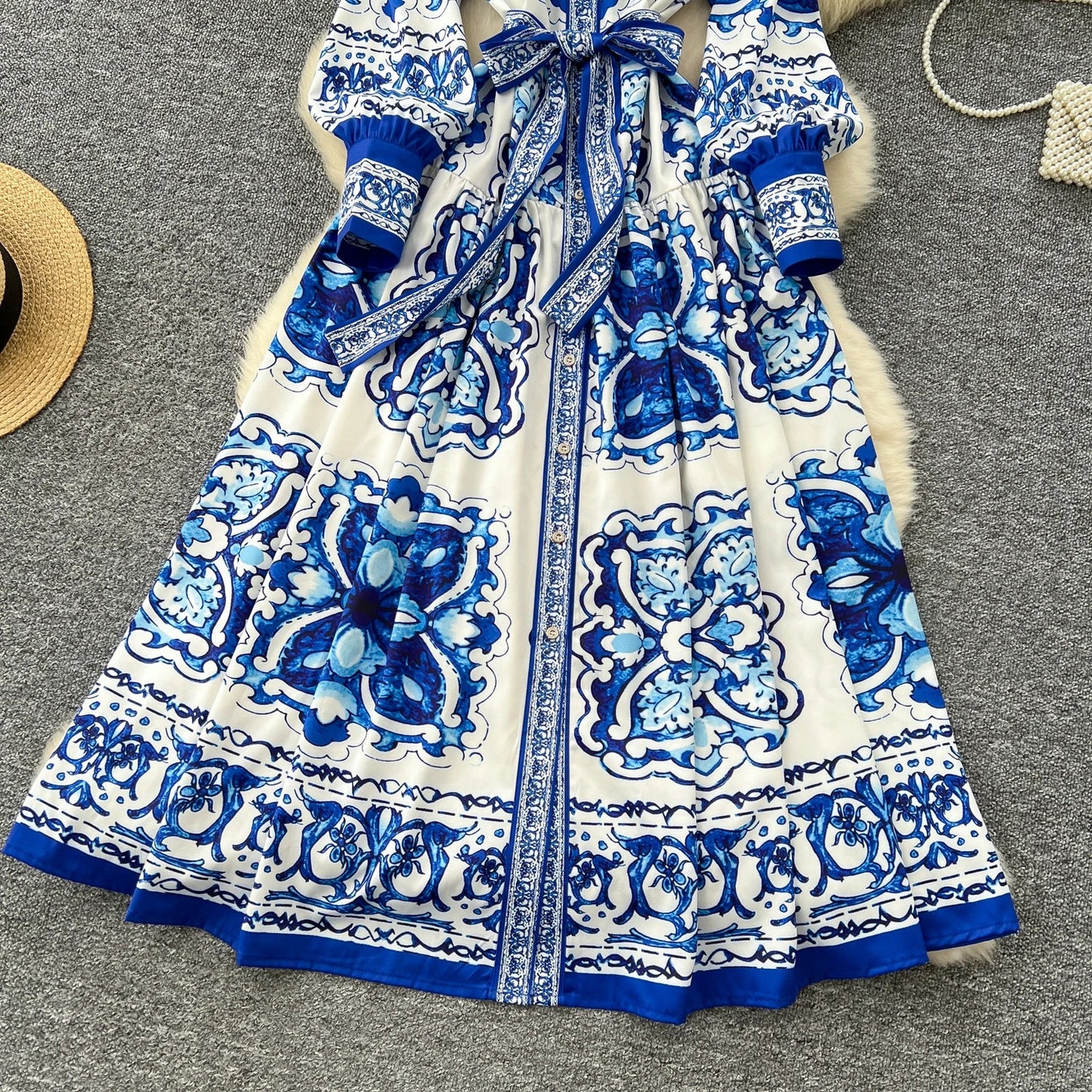 Retro Faion Print Stand Collar Single Button Women's Dr Waist Cinched Floor Length Skirt Korean Sle High Waist Long Sl...