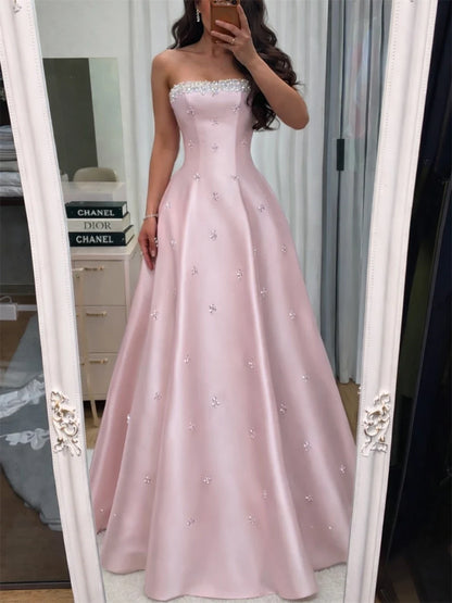 Customized Strapless Crystal Beaded Neckline Luxury Evening Dress French Robes De Soirée Floor Length A Line Ball Gown