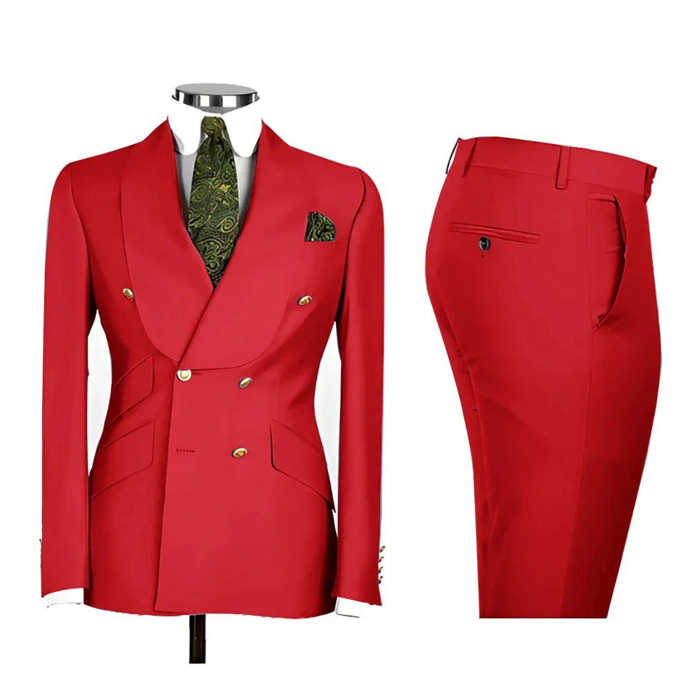 Lvory Shawl Lapel 2 Piece Suit Double Breasted Men's Jacket Pants with Gold Buttons Formal Wedding Groom Attire Prom Tuxedos