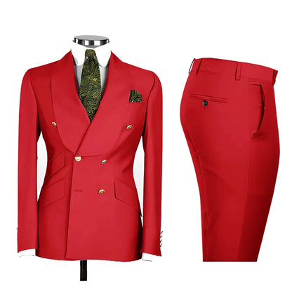 Lvory Shawl Lapel 2 Piece Suit Double Breasted Men's Jacket Pants with Gold Buttons Formal Wedding Groom Attire Prom Tuxedos
