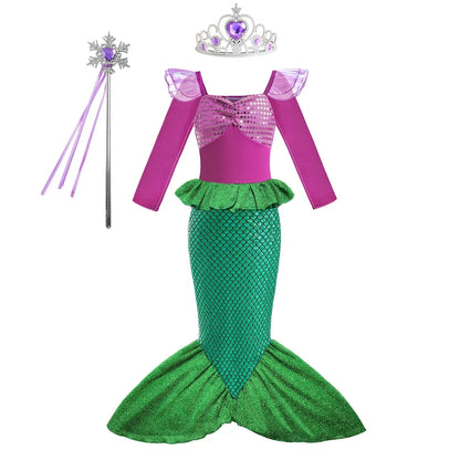 Mermaid Costume for Girl Long Sleeve Girls Dress Carnival Evening Party Dresses Kids Halloween Birthday Prom Dress Up Clothes